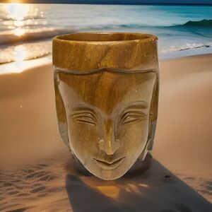Tiki Type Inspired Wooden Carved Mug Boho Tribal Face With Handle Vintage